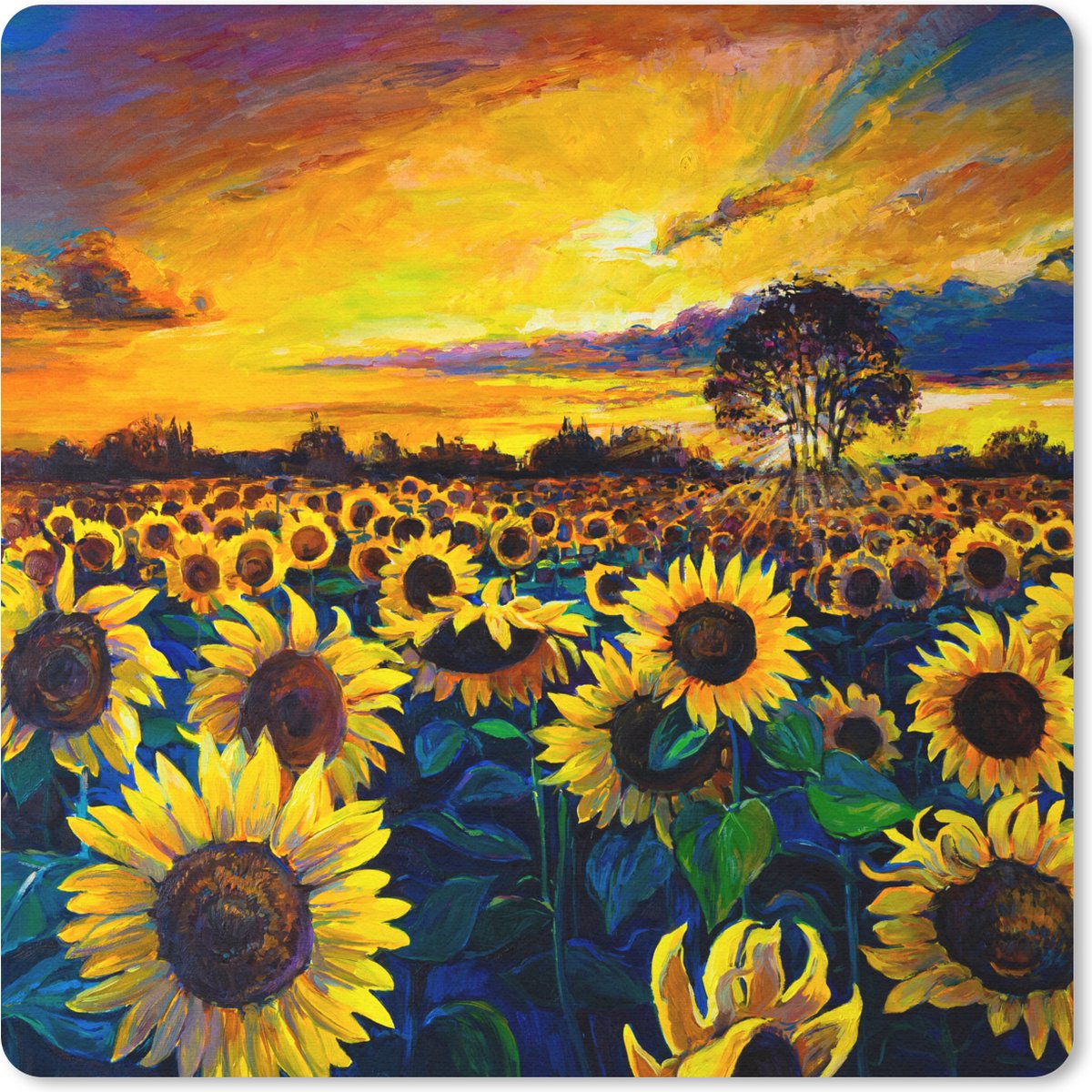 Muismat 30x30 cm - Mousepad Schilderij - Olieverf - Bloemen - Zonnebloem - Muismatten