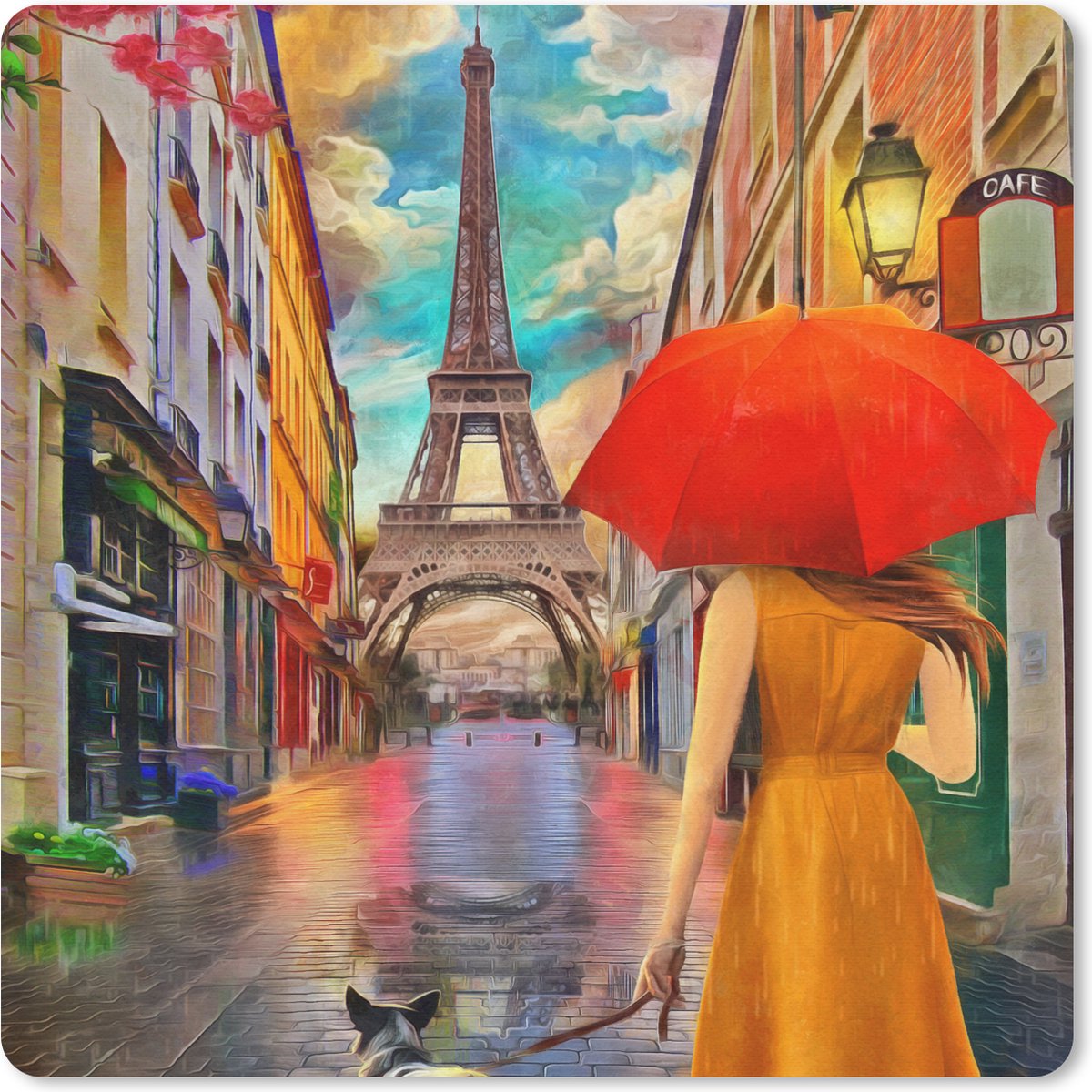 Muismat 20x20 cm - Mousepad Schilderij - Olieverf - Vrouw - Hond - Parijs - Muismatten