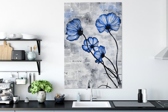 Toile Peinture Fleurs - Journal - Blauw - 80x120 cm - Décoration murale