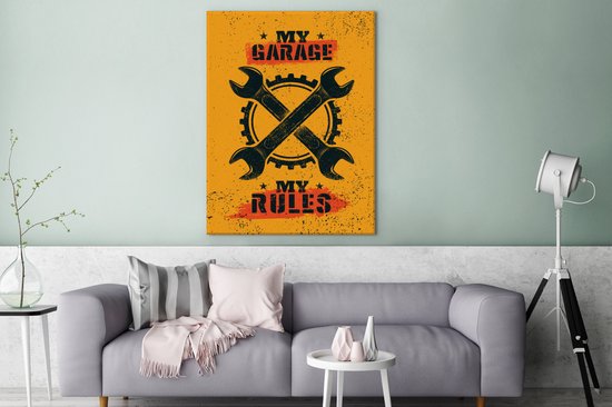 Toile Peinture Mancave - Garage - Outils - Vintage - 90x120 cm - Décoration murale