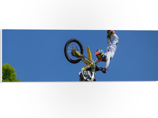 WallClassics - PVC Schuimplaat - Stunt BMX'er in de Lucht - 60x20 cm Foto op PVC Schuimplaat (Met Ophangsysteem)