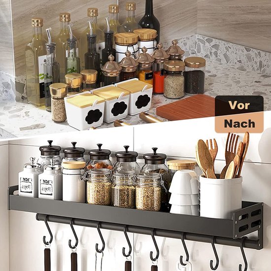 Kruidenrek Aan De Muur, Keukenrek Zonder Boren, Kruidenrek, Hangend Met Keukenrolhouder En 4 Haken Kruidenreksysteem 35 Cm Zwart