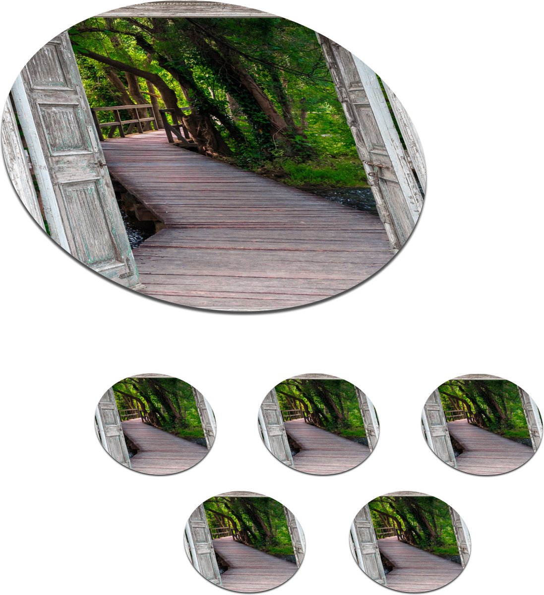 Onderzetters voor glazen - Rond - Brug - Bos - Doorkijk - 10x10 cm - Glasonderzetters - 6 stuks