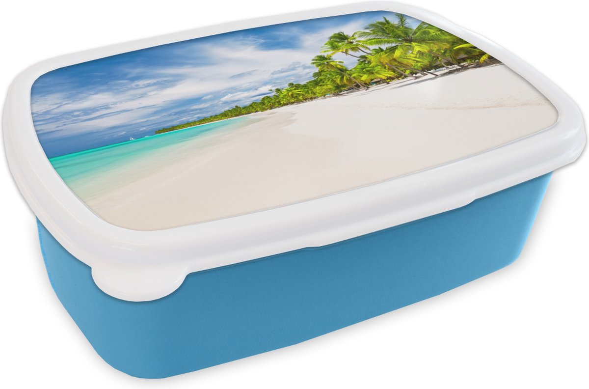 Broodtrommel Blauw - Lunchbox - Brooddoos - Strand - Zee - Palmbomen - 18x12x6 cm - Kinderen - Jongen