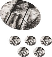 Onderzetters voor glazen - Rond - Pampasgras - Zwart - Wit - Plant - 10x10 cm - Glasonderzetters - 6 stuks