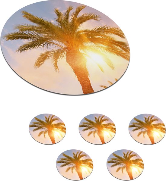 Sous-verres pour verres - Rond - Palmier - Été - Soleil - Tropical - 10x10 cm - Sous-verres en verre - 6 pièces