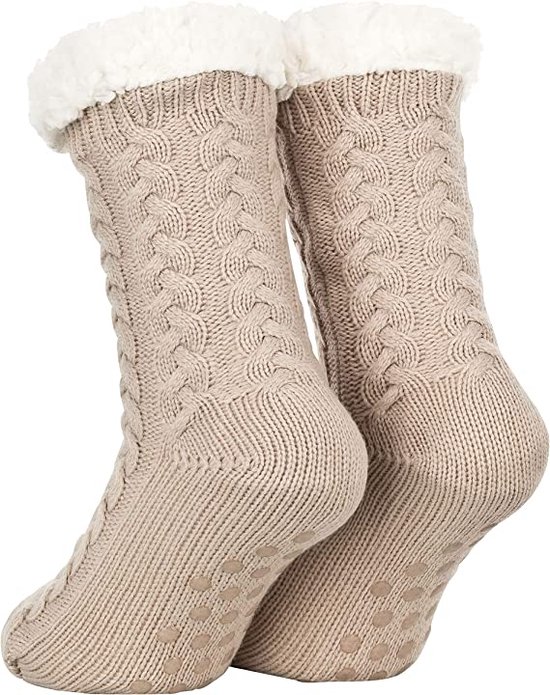 Huissokken Dames en Heren - Beige - Anti Slip Sokken - One Size - Dikke - Winter - Fleece - Fluffy - Verwarmde - Slofsokken - Bedsokken - Gevoerde Sokken - Cadeau voor hem haar - Valentijn