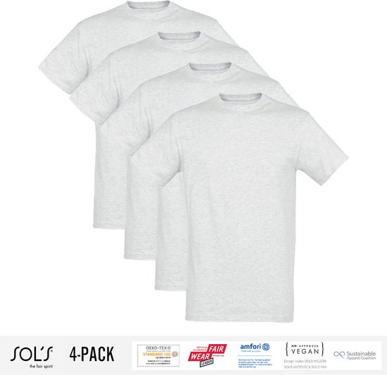 4 Pack Sol's Heren T-Shirt 100% biologisch katoen Ronde hals Ash Grey Maat XL