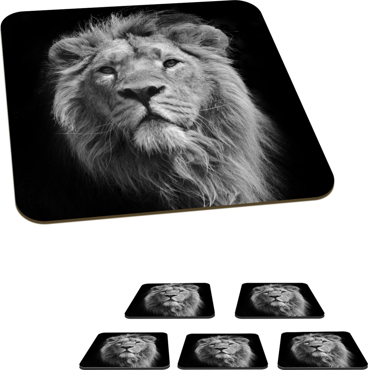 Onderzetters voor glazen - Leeuw - Dier - Zwart - Wit - 10x10 cm - Glasonderzetters - 6 stuks