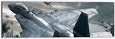WallClassics - Dibond - Straaljagers vliegend over Stad - 60x20 cm Foto op Aluminium (Met Ophangsysteem)