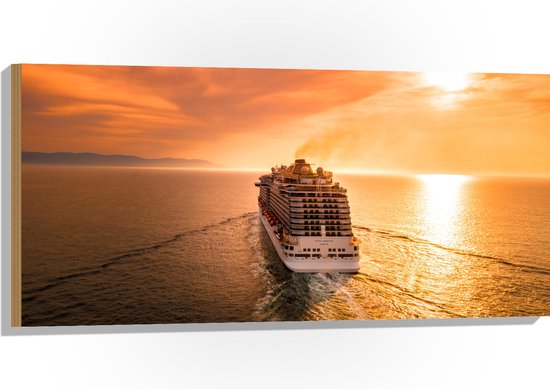 WallClassics - Hout - Cruiseschip op Water bij Zachte Zonsondergang - 100x50 cm - 12 mm dik - Foto op Hout (Met Ophangsysteem)