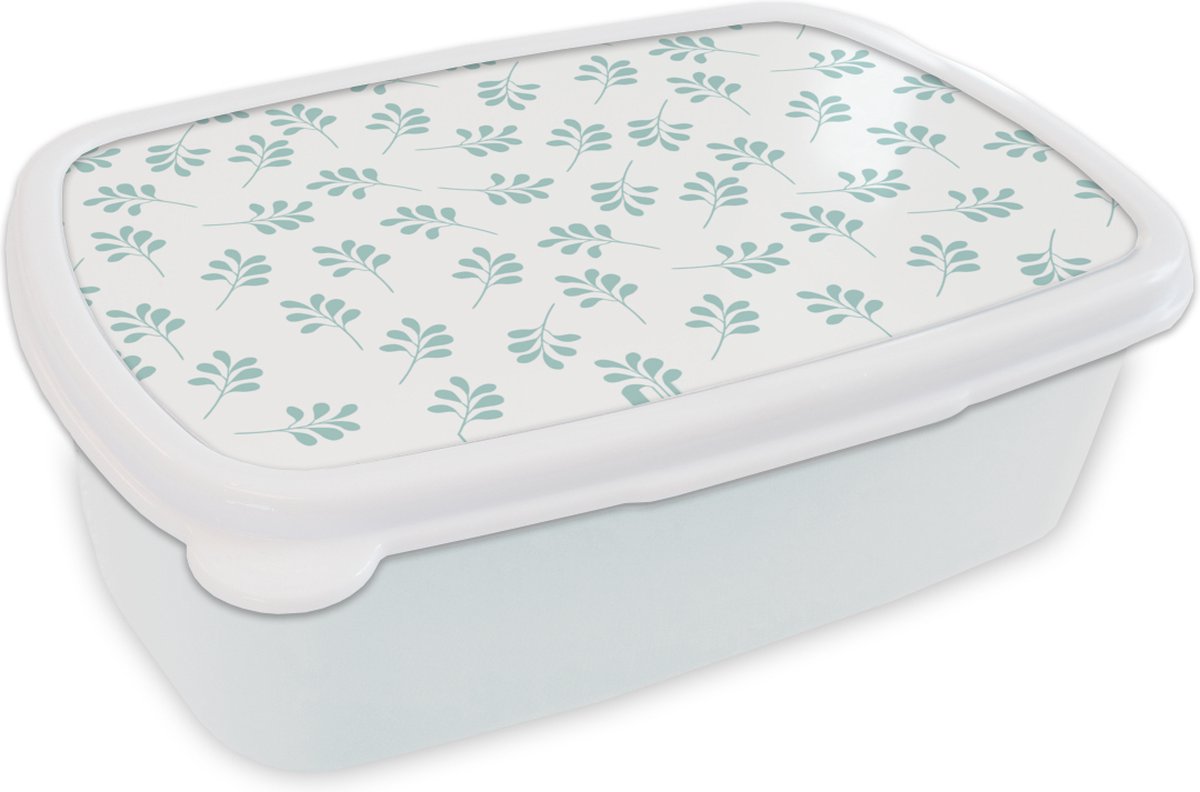 Broodtrommel Wit - Lunchbox - Brooddoos - Bladeren - Patroon - Blauw - 18x12x6 cm - Volwassenen