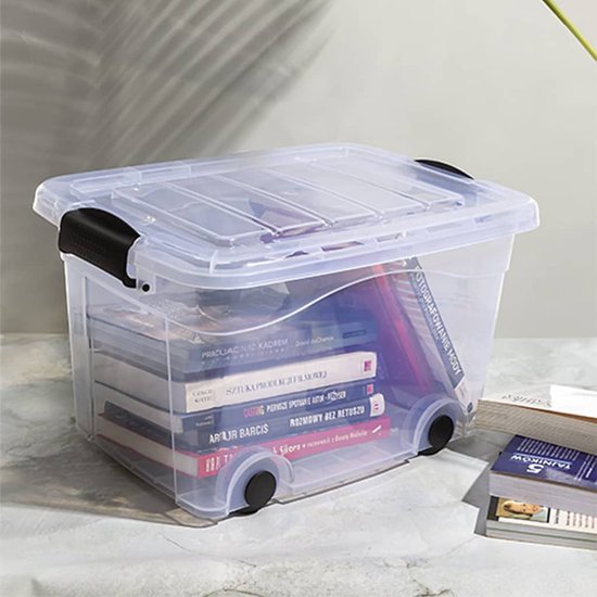 Curver click n fit opbergbox transparant met wielen deksel blauw 60 l - online kopen? | Korting tot 52