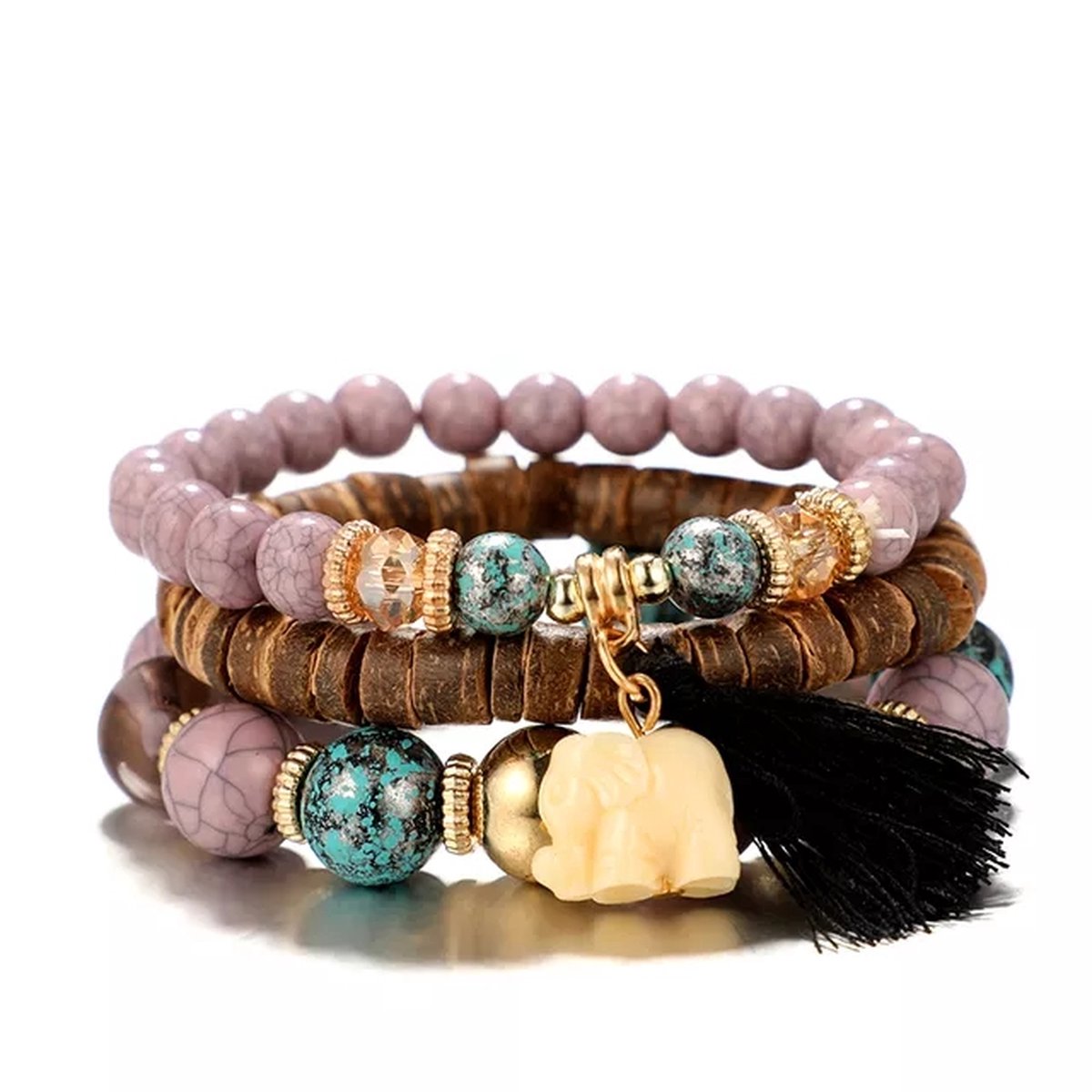 Olifant armbandenset paars | armband | hout en kunststof | 19 cm | Sparkolia
