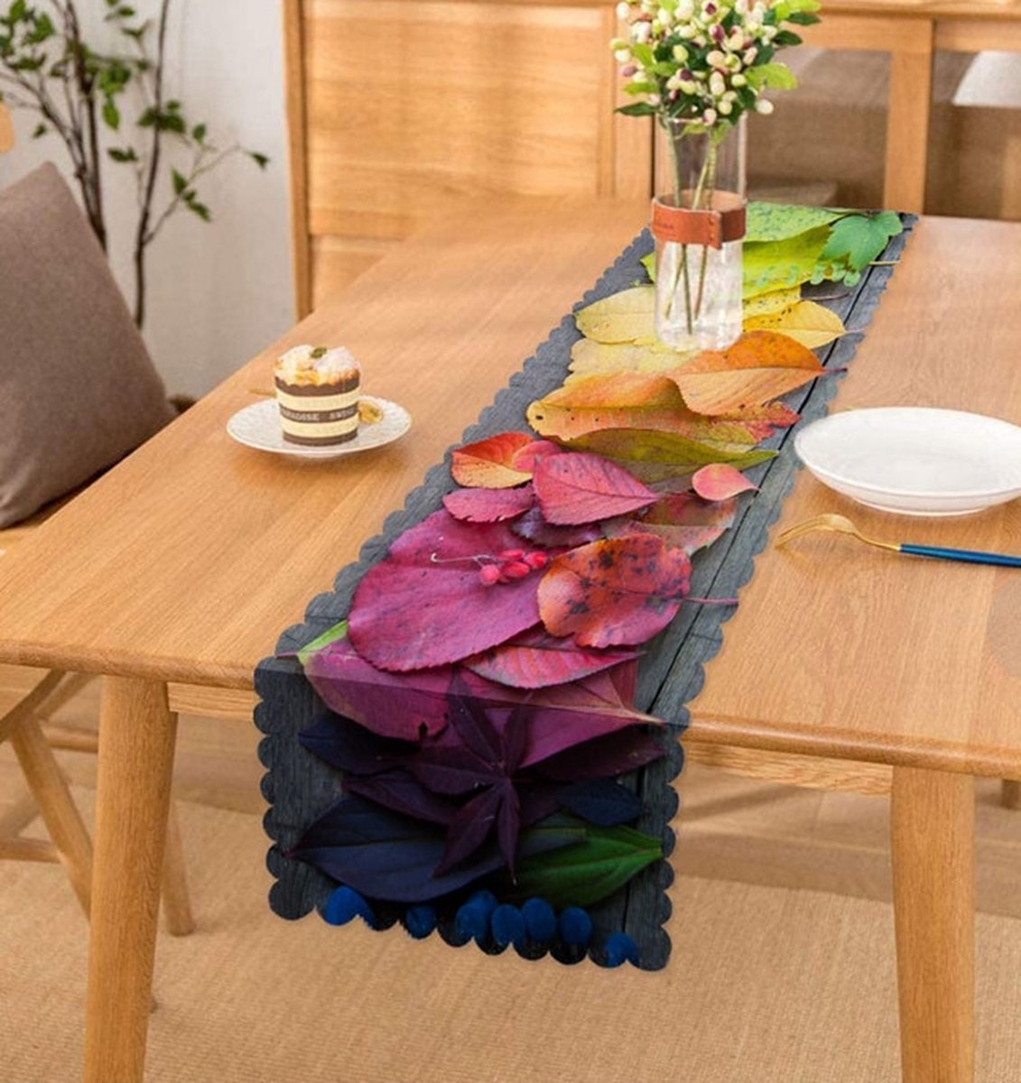 Bedrukt Velvet textiel Tafelloper 45x260 cm- Kleurrijke bladeren - Tafelkleed - Tafellaken