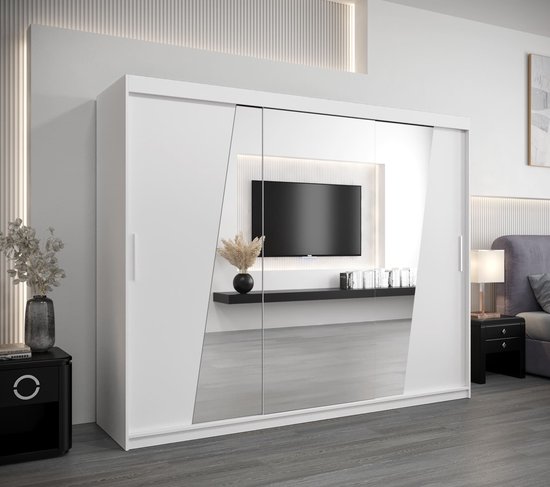 InspireMe - Kledingkast met 3 schuifdeuren, Modern-stijl, Een kledingkast met planken en een spiegel (BxHxD): 250x200x62 - THOR 250 Wit Mat mat 4 lades