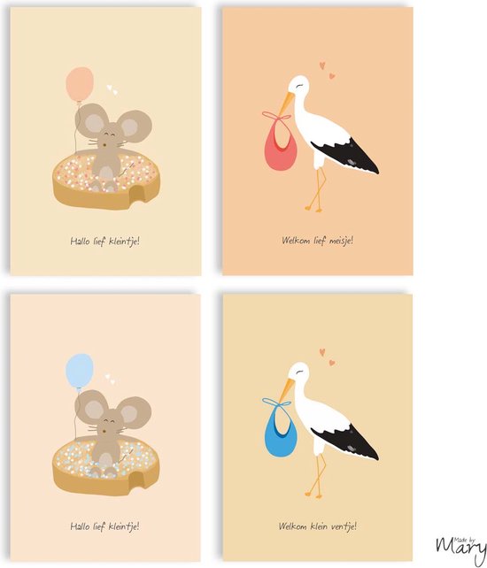 Wenskaarten geboorte - Enkele kaarten 8 stuks (4x2) - Felicitatie geboortekaartjes met enveloppen & sluitstickers - Made by Mary
