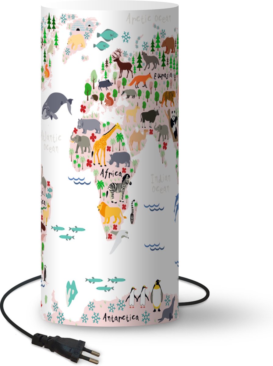 Lamp - Nachtlampje - Tafellamp slaapkamer - Wereldkaart - Kinderen - Dieren - 70 cm hoog - Ø29.6 cm - Inclusief LED lamp