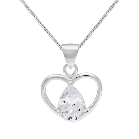Zilveren ketting vrouw | Zilveren ketting, opengewerkt hart met kristal in druppelvorm