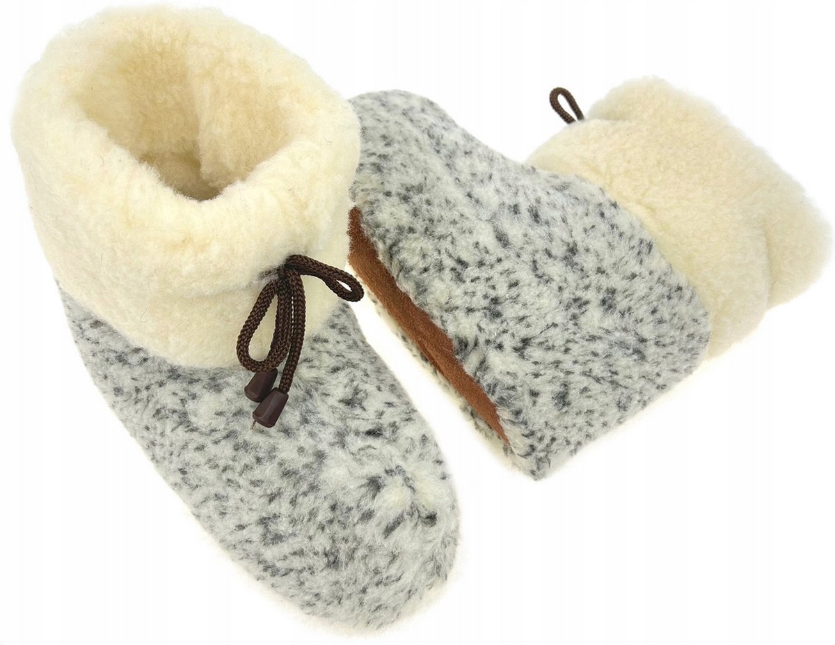 Wollen Sloffen - Winter Pantoffels 100% ECHT Lamswol en Leer - MAAT 39 - Leren Zooltjes – Veters - Handgemaakte Slofjes - Kleur Gemêleerd Grijs-Crème