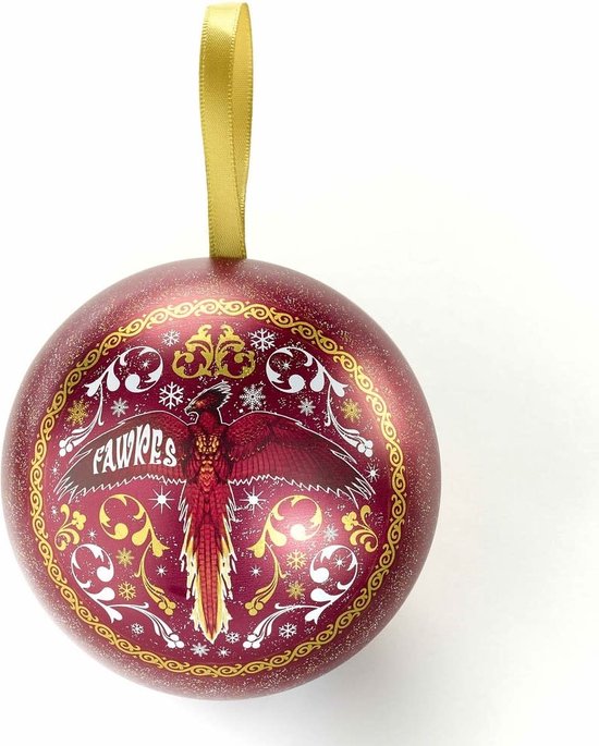 Boule de Noël rouge avec ornements dorés, flocons de neige et Fawkes le phénix.