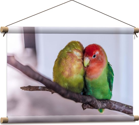 WallClassics - Textielposter - Twee Verliefde Vogeltjes op een Tak - 60x40 cm Foto op Textiel