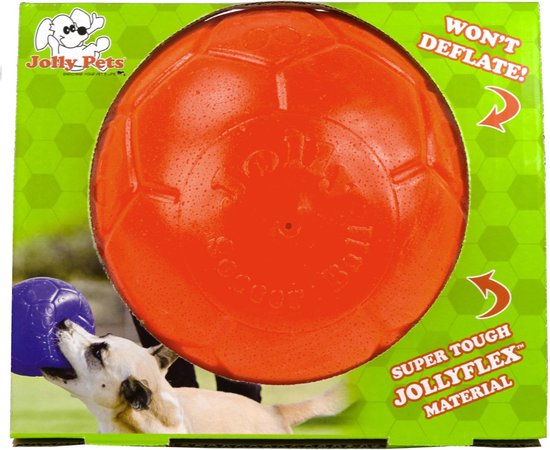 Verpakking van de Jolly Pets Soccer Ball in oranje, met een hond die met een blauwe bal speelt.