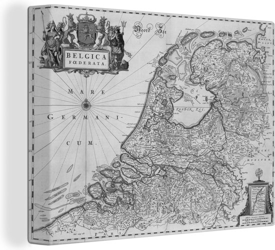Canvas Schilderij Zwart wit landkaart van Nederland - 40x30 cm - Wanddecoratie