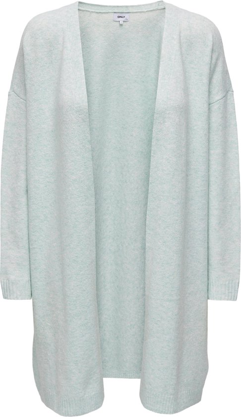 Cardigan long bleu clair en maille, ouvert sur le devant, manches longues.