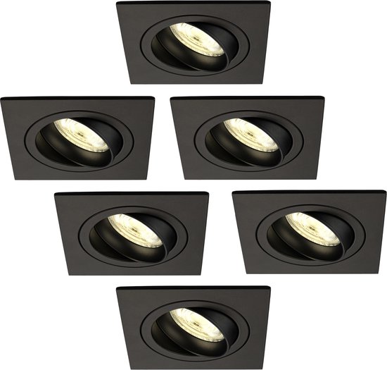 Ledvion Set van 6 LED Inbouwspots Sevilla, Zwart, 5W, 2700K, 92 mm, Dimbaar, Vierkant, Badkamer Inbouwspots, Plafondspots, Inbouwspot Frame