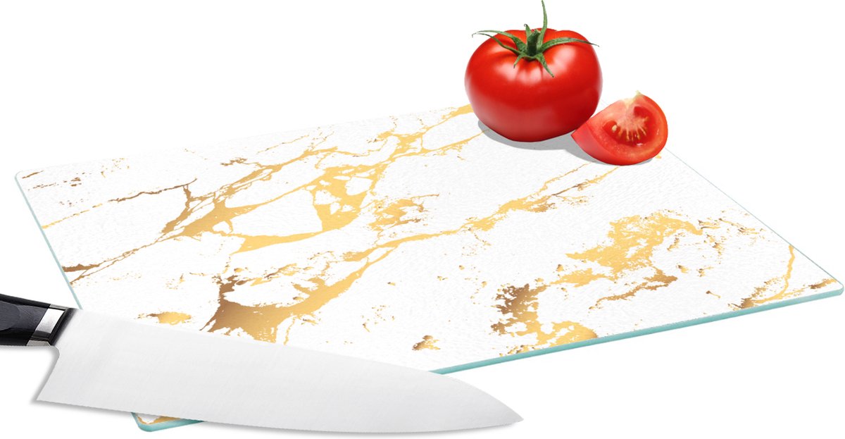 Glazen Snijplank - 28x20 - Marmer - Wit - Goud - Luxe - Snijplanken Glas