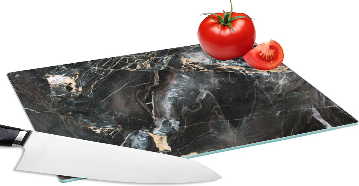 Glazen Snijplank - 28x20 - Marmer - Zwart - Goud - Patroon - Snijplanken Glas