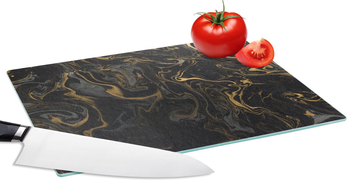 Glazen Snijplank - 28x20 - Marmer - Textuur - Grijs - Goud - Marmerlook - Luxe - Snijplanken Glas