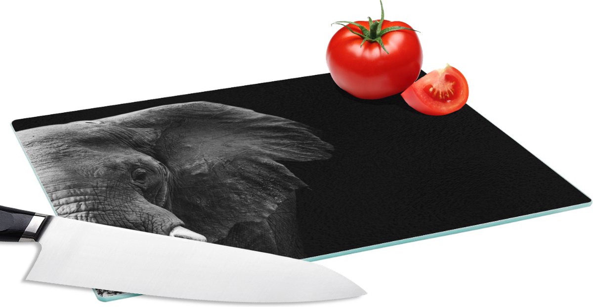 Glazen Snijplank - 28x20 - Dieren - Olifant - Wild - Zwart - Wit - Snijplanken Glas