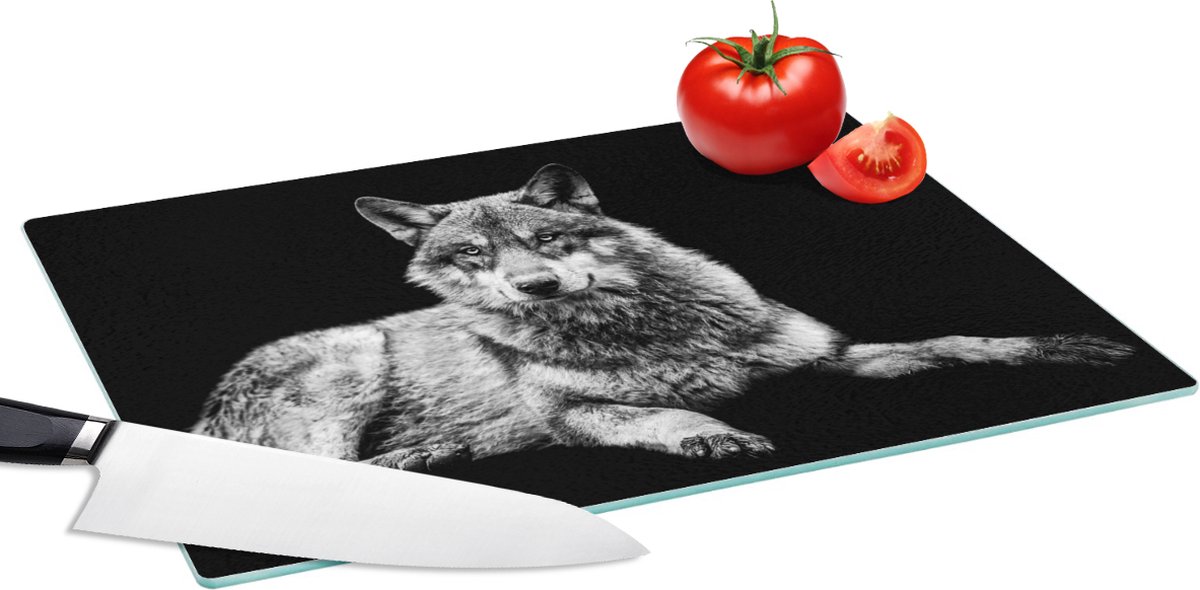 Glazen Snijplank - 39x28 - Wilde dieren - Wolf - Zwart - Wit - Snijplanken Glas