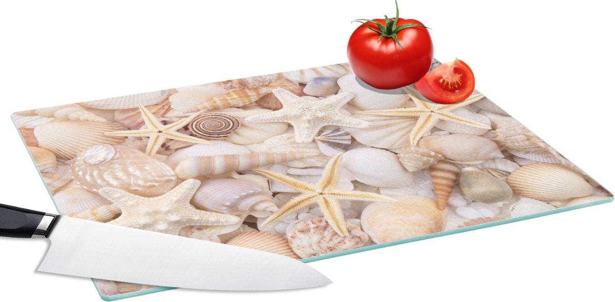 Glazen Snijplank - 39x28 - Zeesterren - Schelpen - Strand - Zomer - Snijplanken Glas