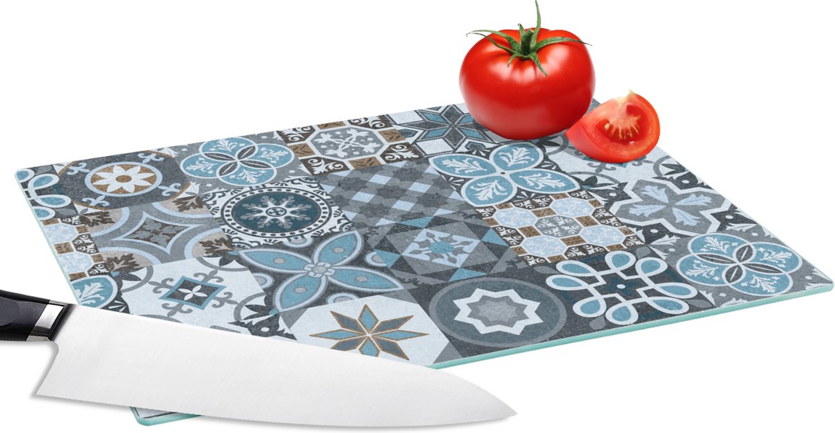 Glazen Snijplank - 28x20 - Design - Bloem - Blauw - Figuren - Snijplanken Glas