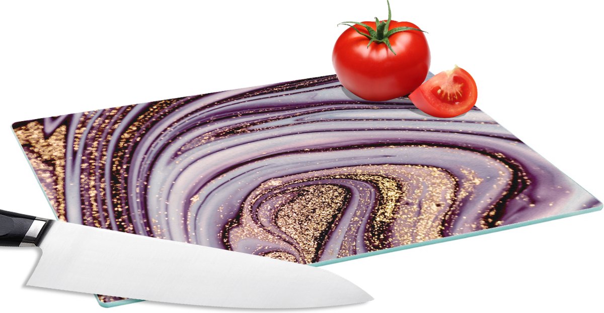 Glazen Snijplank - 28x20 - Marmer - Roze - Goud - Glitter - Marmerlook - Luxe - Snijplanken Glas