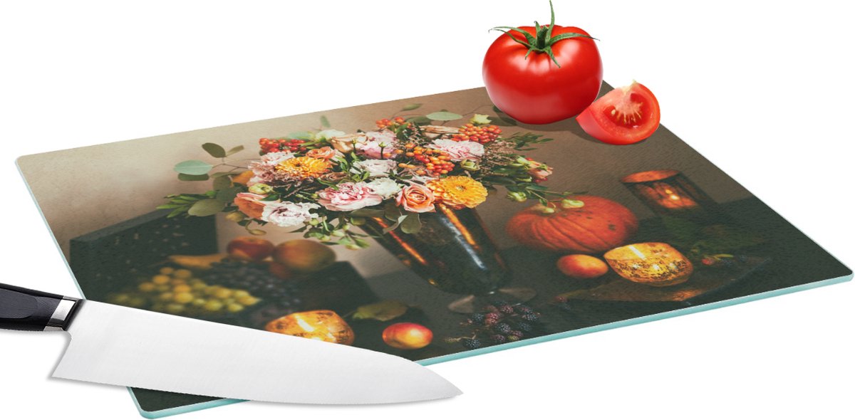 Glazen Snijplank - 39x28 - Stilleven - Pompoen - Kaarsen - Snijplanken Glas
