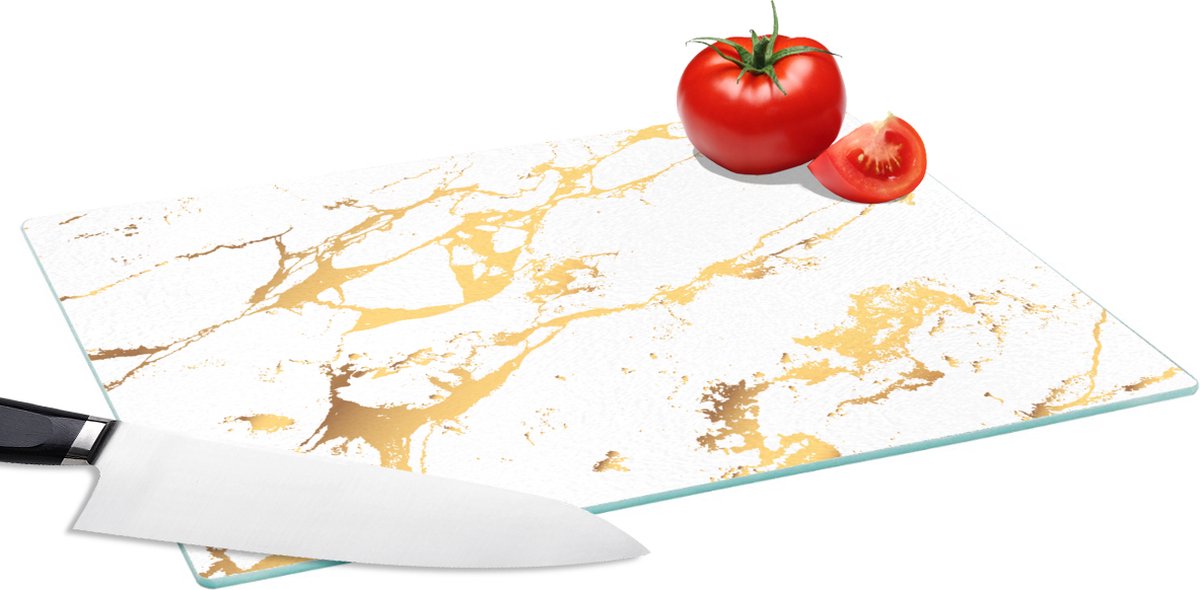 Glazen Snijplank - 39x28 - Marmer - Wit - Goud - Luxe - Snijplanken Glas