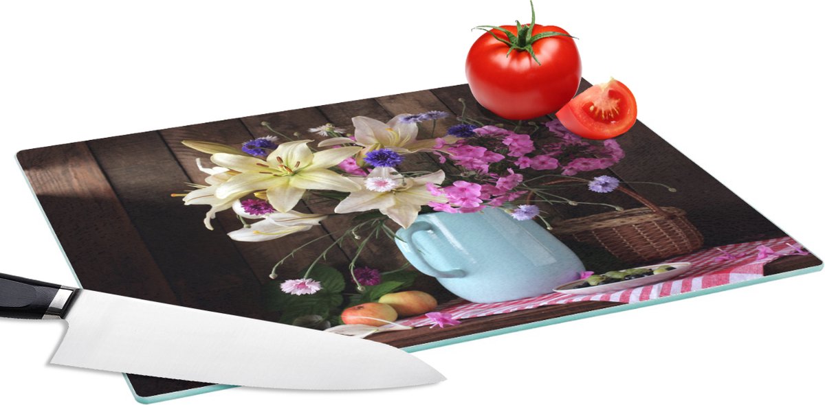 Glazen Snijplank - 39x28 - Mand - Bloemen - Zomer - Snijplanken Glas
