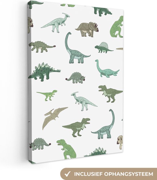 Canvasdoek kinderen - Wanddecoratie kinderkamers - Dino's - Patroon - Groen - Wit - Kinderen - Wanddecoratie jongens - Wanddecoratie meisjes - Canvas schilderij dino - 20x30 cm