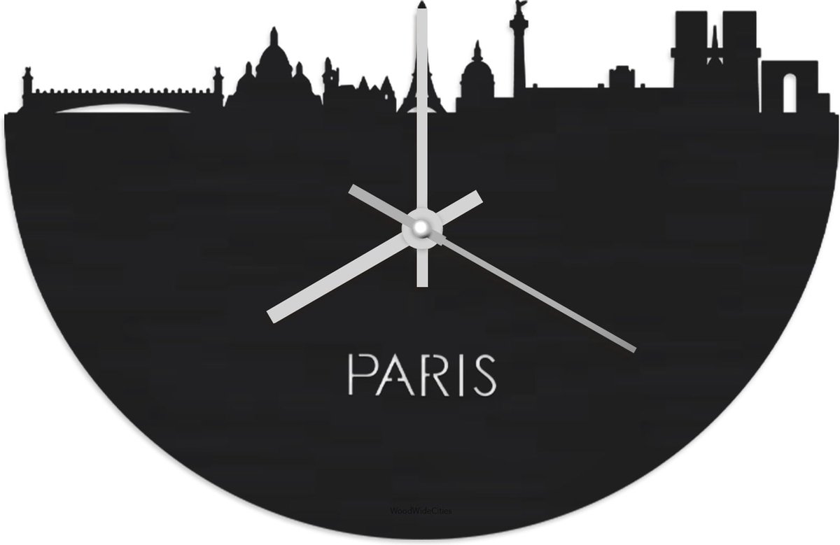 Skyline Klok Parijs Zwart hout - Ø 40 cm - Stil uurwerk - Wanddecoratie - Meer steden beschikbaar - Woonkamer idee - Woondecoratie - City Art - Steden kunst - Cadeau voor hem - Cadeau voor haar - Jubileum - Trouwerij - Housewarming - WoodWideCities
