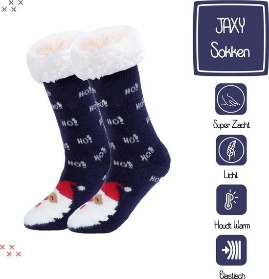Donkerblauwe Jaxy sokken met witte kerstmanprint en witte fluffy boord. "HO HO HO" tekst.