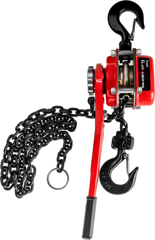 Rode takel met lange zwarte ketting. Zwarte haak met rode beugel. Zilveren draaiwiel. Op de takel staat 'Steinberg Systems'.