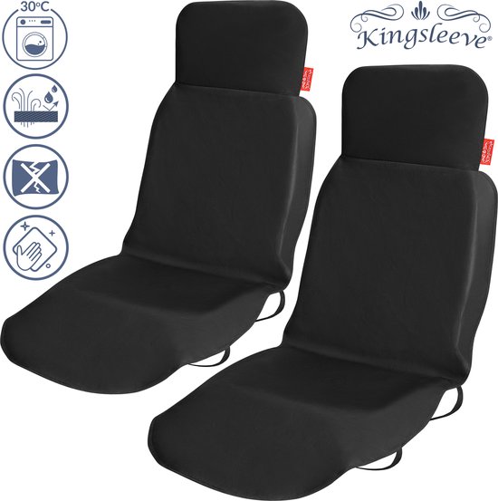 Twee zwarte autostoelhoezen, met Kingsleeve logo en onderhoudssymbolen.