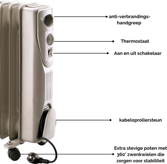 Elettroradiatore A Olio Plein Air ERC2-1507 – 7 Elementi, 1500W, 3 Livelli Di Potenza, Termostato Regolabile, Ruote 360°