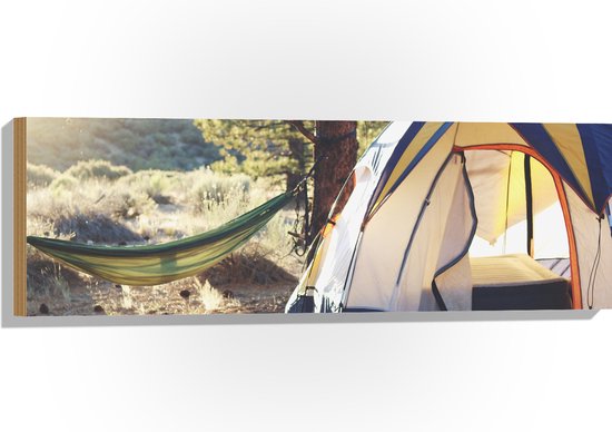 WallClassics - Hout - Hangmat bij Tent in Bos - 90x30 cm - 12 mm dik - Foto op Hout (Met Ophangsysteem)