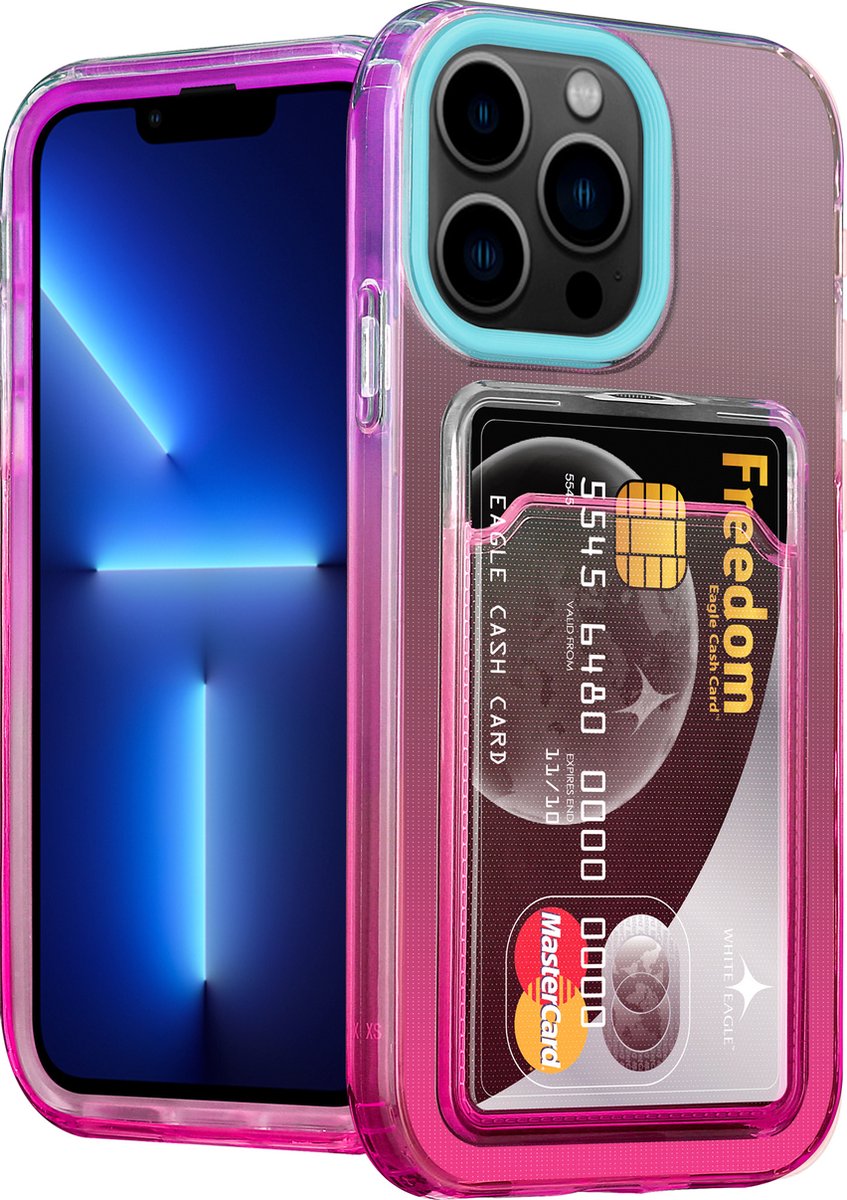 ShieldCase geschikt voor Apple iPhone 13 Pro hoesje colorful pasjeshouder - turquoise/roze - Hoesje met pasjeshouder - Kaarthouder case - Hardcase siliconen tpu - Silicone case shockproof