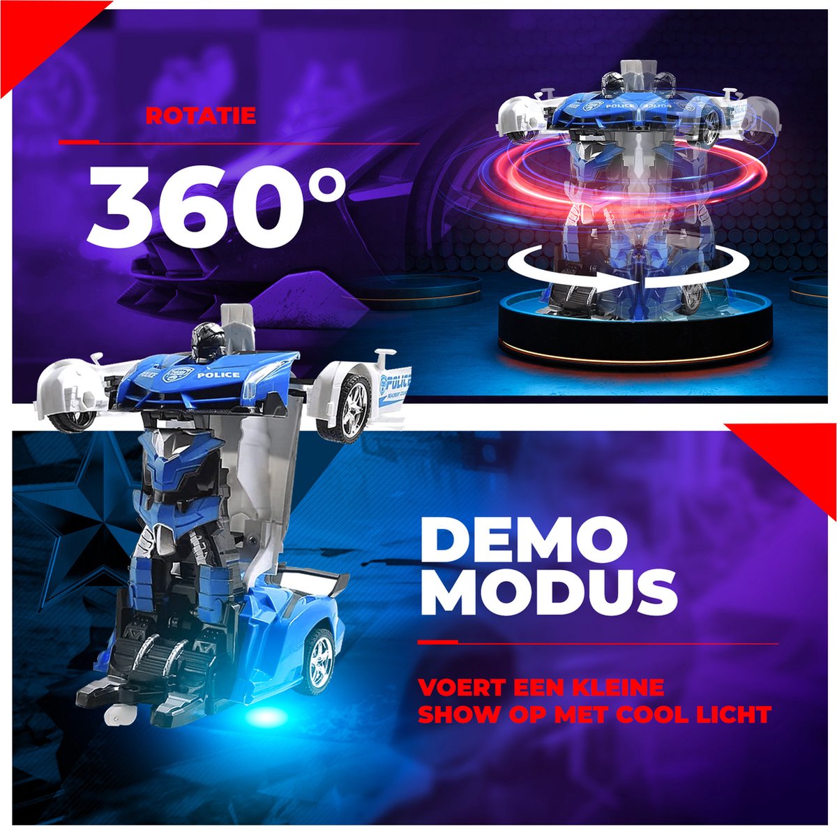 Huntex RC Transformerende Auto/Robot - Politieauto - Blauw - RC Voertuigen - Robot Speelgoed Jongens — afbeelding 3